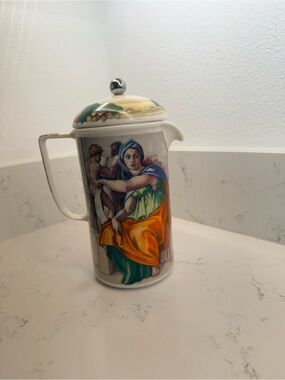 Hand-Painted Ceramic French Presswith Classical Figurative Motif Orange & Green